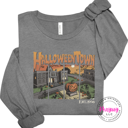 Deep heather long sleeve styled for fall with a spooky town graphic.