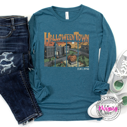 Heather Deep Teal long sleeve tee with the vintage Halloween town pumpkin scene graphic
