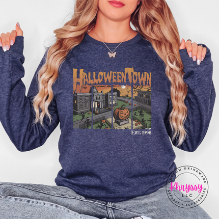 Heather Navy long sleeve tee with the Halloween town vintage scene graphic