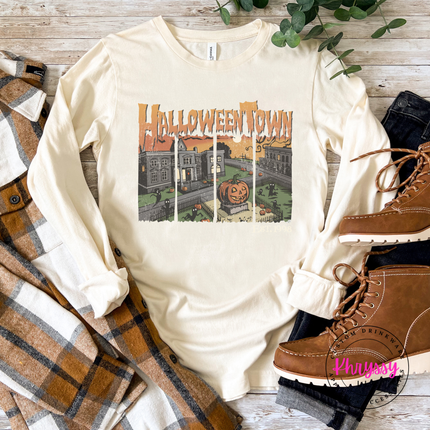 Natural long sleeve with a moody Halloween town design.