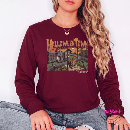 Maroon long sleeve tee with the retro Halloween town est 1998 design