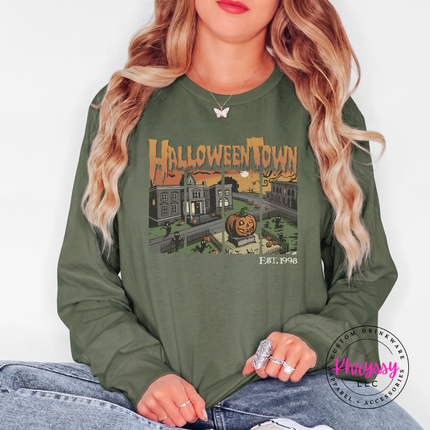 Military Green long sleeve tee with the spooky town square jack o lantern print