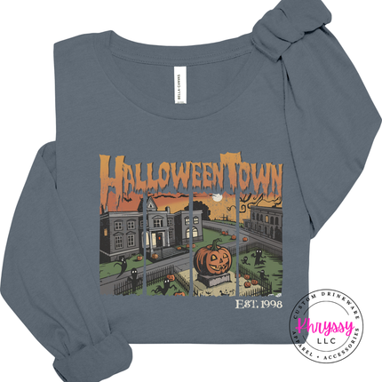 Steel Blue long sleeve tee with the Halloween town vintage scene graphic