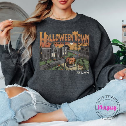 Dark Heather crewneck sweatshirt with the Halloween town vintage scene graphic