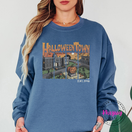 Indigo Blue crewneck sweatshirt with the spooky town square jack o lantern print
