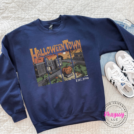 Navy heavyweight crewneck with a nostalgic Halloweentown print.