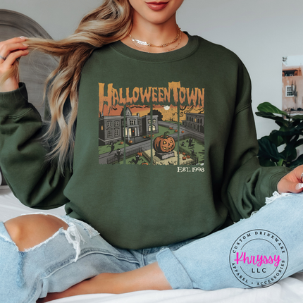Military Green crewneck sweatshirt with the Halloween town vintage scene graphic