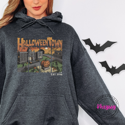 Dark Heather hoodie with the retro Halloween town est 1998 design
