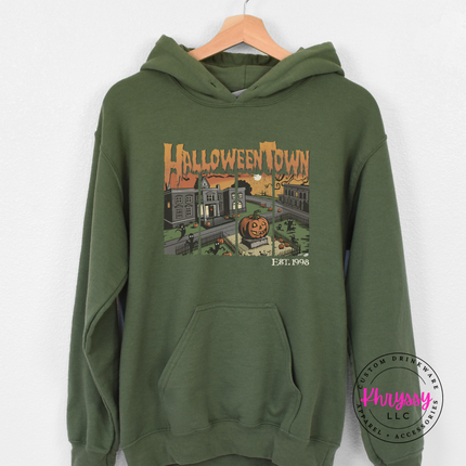 Military Green hoodie with the Halloween town vintage scene graphic