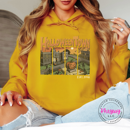 Gold hoodie with the retro Halloween town est 1998 design