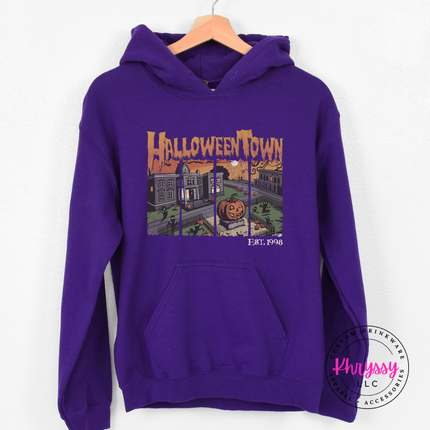 Purple hoodie with the spooky town square jack o lantern print