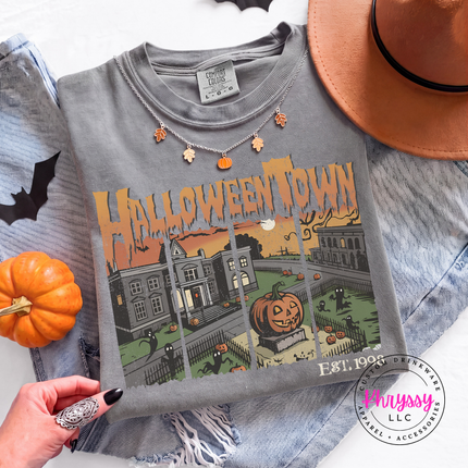 Gray tee with the Halloween town vintage scene graphic
