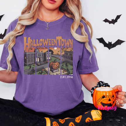 Grape tee with the vintage Halloween town pumpkin scene graphic