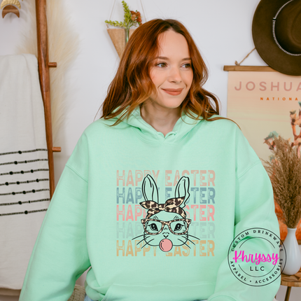 Mint hoodie with a leopard bunny and stacked Happy Easter print.