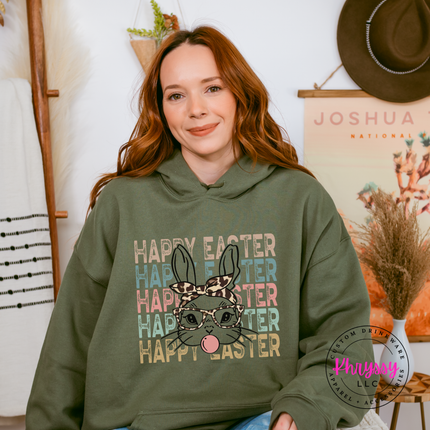 Military Green fleece hoodie featuring a bubblegum bunny in leopard glasses for Easter.