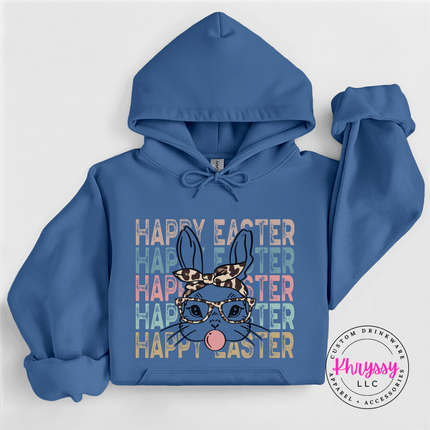 indigo cozy hoodie printed with a glam Happy Easter bunny graphic.