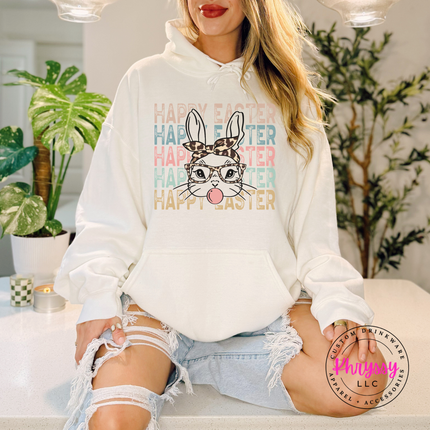 White cozy hoodie printed with a glam Happy Easter bunny graphic.