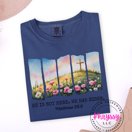 He Is Not Here He Has Risen ⎹ Matthew 28:6 Christian Easter Shirt ⎹ Floral Cross Graphic Tee ⎹ Religious Faith Apparel ⎹ Inspirational Women's Top