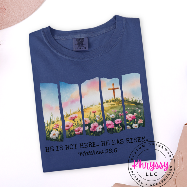 He Is Not Here He Has Risen ⎹ Matthew 28:6 Christian Easter Shirt ⎹ Floral Cross Graphic Tee ⎹ Religious Faith Apparel ⎹ Inspirational Women's Top