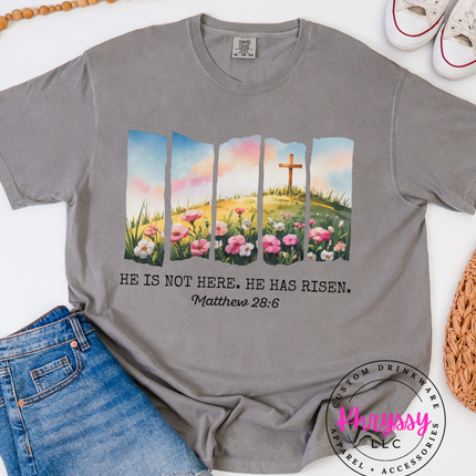 He Is Not Here He Has Risen ⎹ Matthew 28:6 Christian Easter Shirt ⎹ Floral Cross Graphic Tee ⎹ Religious Faith Apparel ⎹ Inspirational Women's Top