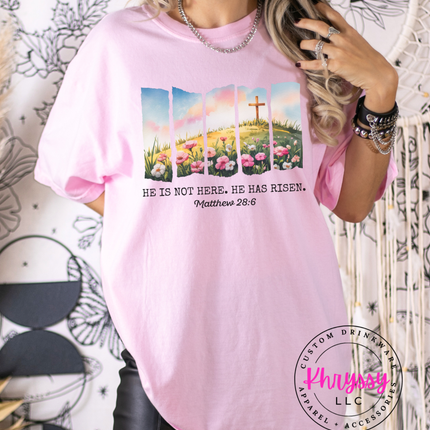 He Is Not Here He Has Risen ⎹ Matthew 28:6 Christian Easter Shirt ⎹ Floral Cross Graphic Tee ⎹ Religious Faith Apparel ⎹ Inspirational Women's Top