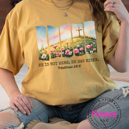 He Is Not Here He Has Risen ⎹ Matthew 28:6 Christian Easter Shirt ⎹ Floral Cross Graphic Tee ⎹ Religious Faith Apparel ⎹ Inspirational Women's Top