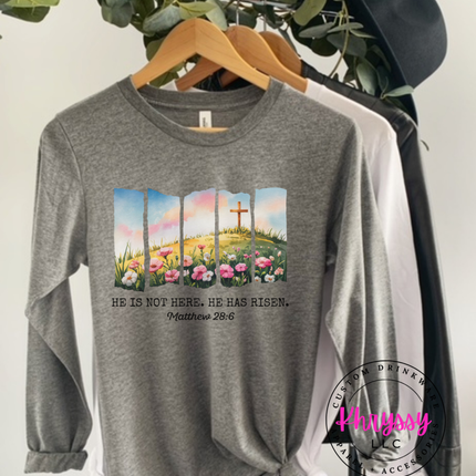 He Is Not Here He Has Risen ⎹ Matthew 28:6 Christian Easter Shirt ⎹ Floral Cross Graphic Tee ⎹ Religious Faith Apparel ⎹ Inspirational Women's Top