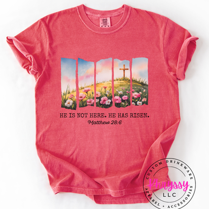 He Is Not Here He Has Risen ⎹ Matthew 28:6 Christian Easter Shirt ⎹ Floral Cross Graphic Tee ⎹ Religious Faith Apparel ⎹ Inspirational Women's Top