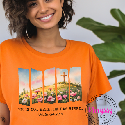 He Is Not Here He Has Risen ⎹ Matthew 28:6 Christian Easter Shirt ⎹ Floral Cross Graphic Tee ⎹ Religious Faith Apparel ⎹ Inspirational Women's Top