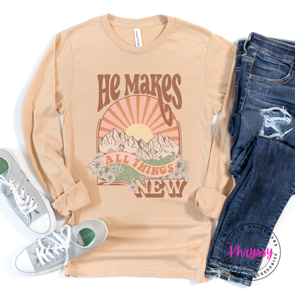 Sand Dune long sleeve featuring daisies and an earthy scripture sunset graphic.