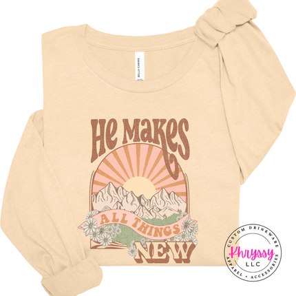 Soft Cream long sleeve with a retro mountain sunrise faith design.