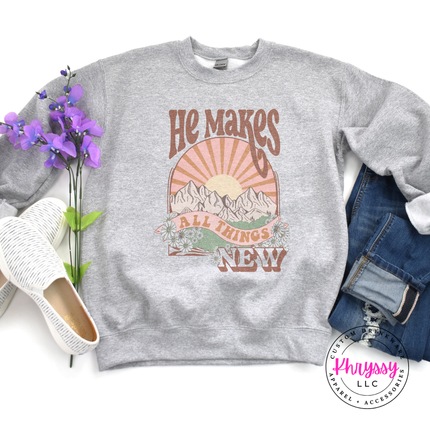 Sport Grey crewneck featuring daisies and an earthy scripture sunset graphic.