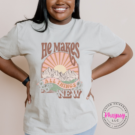 Sandstone soft cotton tee with a retro mountain sunrise faith design.