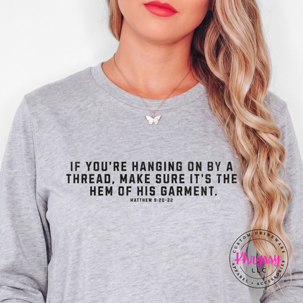 Athletic Heather long sleeve tee with the hem of His garment scripture in black