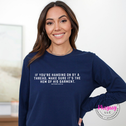 Navy long sleeve tee showing white hem of His garment scripture text