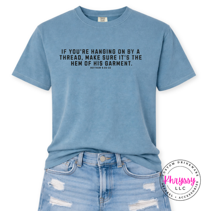 Ice Blue tee with the hanging on by a thread Christian verse in black