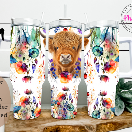colorful highland cow tumbler with 40oz capacity. 
