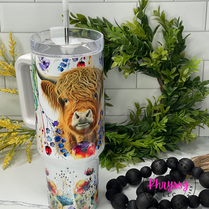 Highland Cow Wildflower 40oz Tumbler with Metal Straw