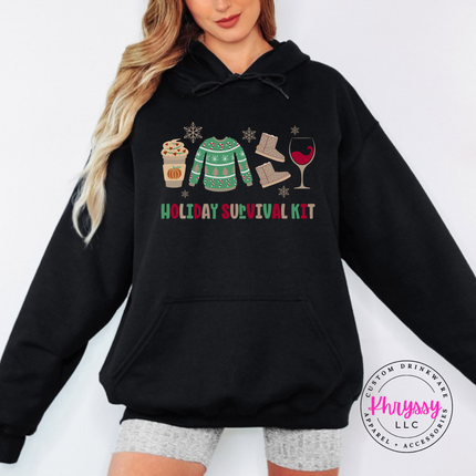 Close up of the Holiday Survival Kit art on a Black hoodie.