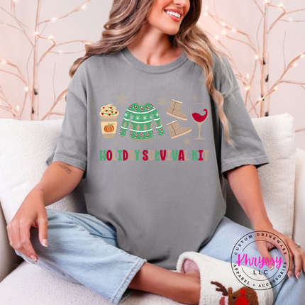 Gray tee showing a latte, a sweater, boots, and a glass.