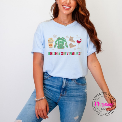 Model wearing the Holiday Survival Kit tee in Hydrangea.