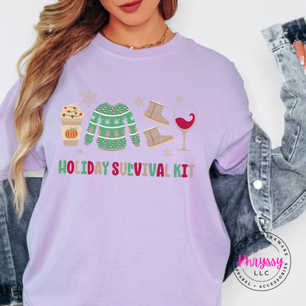 Model wearing the Holiday Survival Kit tee in Orchid.