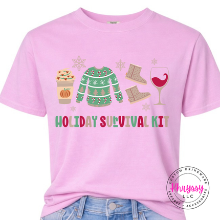 Rose Quartz tee featuring festive survival kit icons and lettering.