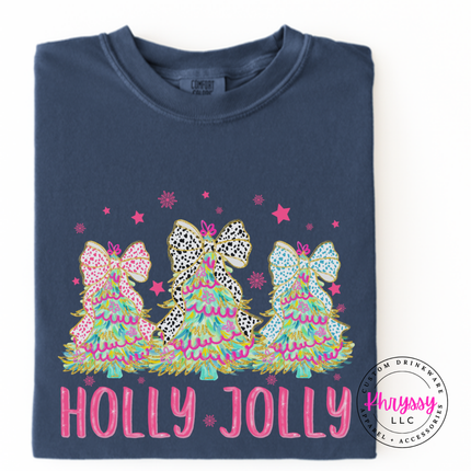 Close up of the bow tree art on a Denim long sleeve tee.