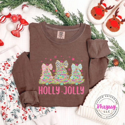 Espresso long sleeve tee showing glittery bow trees over pink Holly Jolly letters.