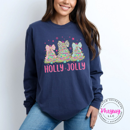 Midnight long sleeve tee featuring three bow topped Christmas trees and Holly Jolly lettering.