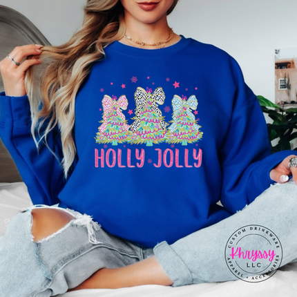 Close up of the bow tree art on a Royal crewneck sweatshirt.