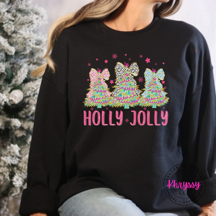 Black crewneck sweatshirt featuring three bow topped Christmas trees and Holly Jolly lettering.