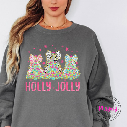 Model wearing the Holly Jolly bow tree crewneck sweatshirt in Charcoal.