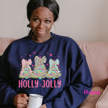 Navy crewneck sweatshirt featuring three bow topped Christmas trees and Holly Jolly lettering.